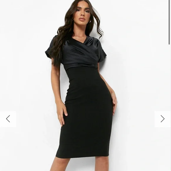 Boohoo Satin Off The Shoulder Bodycon Midi Dress - Black - Size 10 Boohoo Satin Off The Shoulder Bodycon Midi Dress - Black - Size 10